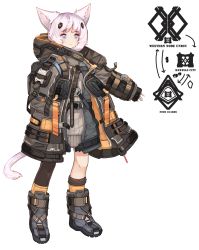 Rule 34 | 1girl, :3, absurdres, animal ears, asymmetrical legwear, belt, boots, buckle, cat ears, cat tail, commentary request, emblem, full body, hair ornament, hand in pocket, highres, hood, hood down, hooded jacket, jacket, military, open clothes, open jacket, original, pocket, pouch, puremage, purple eyes, science fiction, short hair, sleeves past wrists, snap-fit buckle, solo, tail, uneven legwear, unzipped, white background, white hair, zipper, zipper pull tab