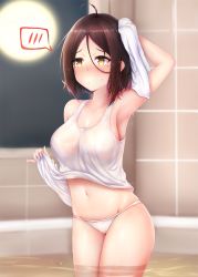 Rule 34 | 1girl, ahoge, arm up, armpits, bare shoulders, bath, bathtub, blurry, blurry background, blush, breasts, brown eyes, brown hair, closed mouth, collarbone, commentary request, cowboy shot, depth of field, dumbbell nan kilo moteru?, endsmall min, full body, groin, hair between eyes, highres, holding, holding towel, indoors, large breasts, mole, mole under eye, nose blush, panties, resolution mismatch, solo, source larger, spoken blush, standing, tachibana satomi, tank top, tile wall, tiles, towel, underwear, wading, water, white panties, white tank top