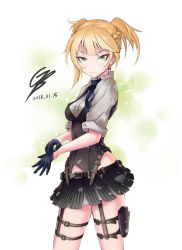 Rule 34 | 1girl, ammunition pouch, belt, black gloves, black necktie, black skirt, blonde hair, braid, breasts, buckle, buttons, closed mouth, collared shirt, corset, dated, elbow sleeve, expressionless, garter straps, girls&#039; frontline, glove pull, gloves, green eyes, half gloves, holster, looking at viewer, medium breasts, necktie, pinstripe pattern, pinstripe vest, pleated skirt, pouch, shirt, short hair, short twintails, sidelocks, signature, simple background, skindentation, skirt, sleeves rolled up, solo, strap, striped clothes, striped vest, superman3go, thigh holster, thigh strap, thighs, tsurime, twintails, vest, welrod mkii (girls&#039; frontline), white shirt