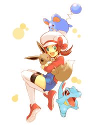 Rule 34 | 00s, bad id, bad pixiv id, brown hair, creatures (company), eevee, game freak, gen 1 pokemon, gen 2 pokemon, happy, hat, hat ribbon, hug, lyra (pokemon), marill, nintendo, overalls, pokemon, pokemon (creature), pokemon hgss, ribbon, short twintails, smile, thighhighs, totodile, tubomizaki, twintails, white thighhighs