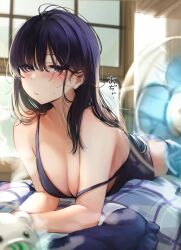 Rule 34 | 1girl, ass, bare arms, blue hair, blush, breasts, cleavage, collarbone, commentary, electric fan, hair between eyes, highres, indoors, long hair, looking at viewer, lying, medium breasts, midriff, nekomugiharu, on stomach, open mouth, original, panties, purple eyes, revision, satou mei, sidelocks, solo, strap slip, stuffed animal, stuffed toy, sweat, tank top, translated, underwear