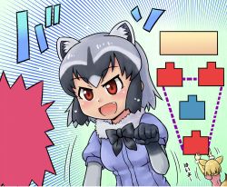 Rule 34 | 10s, 2girls, animal ears, black bow, black hair, blonde hair, blouse, bow, bowtie, commentary request, common raccoon (kemono friends), domoge, eyelashes, fennec (kemono friends), fox ears, fox tail, fur collar, gradient background, grey hair, hair between eyes, kemono friends, multicolored hair, multiple girls, pink shirt, puffy short sleeves, puffy sleeves, raccoon ears, shirt, short hair, short sleeves, tail, template, translation request, white hair