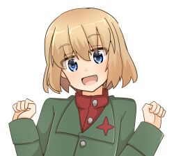 Rule 34 | 1girl, :d, blonde hair, blue eyes, bob cut, clenched hands, fang, girls und panzer, green jacket, jacket, katyusha (girls und panzer), long sleeves, looking at viewer, open mouth, pravda school uniform, red shirt, rico (rico-tei), school uniform, shirt, short hair, smile, solo, turtleneck, upper body, w arms