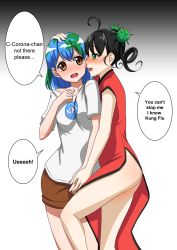 Rule 34 | 2girls, ahoge, ass, black hair, blush, brown eyes, china dress, chinese clothes, corona-chan, coronavirus, coronavirus pandemic, covering privates, covering crotch, dress, earth-chan, embarrassed, english text, green eyes, hair ornament, hand on another&#039;s hand, hand on another&#039;s head, highres, looking at another, multiple girls, nasa logo, nia depain, open mouth, original, pun, side slit, simple background, speech bubble, yuri