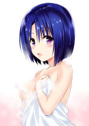 Rule 34 | 1girl, blue hair, blush, breasts, commentary request, convenient censoring, hair ornament, highres, looking at viewer, medium breasts, parted lips, purple eyes, sairenji haruna, short hair, solo, steam, steam censor, tatsuno (saya-tatsuno), to love-ru, towel, upper body, white towel