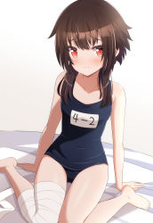 Rule 34 | 1girl, bare arms, bare shoulders, blue one-piece swimsuit, blush, brown hair, bunny1219, collarbone, embarrassed, flat chest, highres, kono subarashii sekai ni shukufuku wo!, looking at viewer, megumin, one-piece swimsuit, red eyes, school swimsuit, short hair with long locks, solo, swimsuit