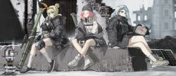 Rule 34 | 3girls, absurdres, backpacking stove, beanie, blonde hair, blue hair, closed eyes, computer, countryman (artist), girls&#039; frontline, gloves, hat, headphones, headphones around neck, highres, holding, holding laptop, holding rocket launcher, holding weapon, incredibly absurdres, jacket, kettle, knee pads, laptop, long hoodie, man-portable anti-tank systems, mk 153 (girls&#039; frontline), mk 153 shoulder-launched multipurpose assault weapon, mk 153 smaw, multiple girls, pink hair, portable stove, rocket launcher, shoes, smile, sneakers, socks, tactical clothes, third-party source, weapon, woollen cap