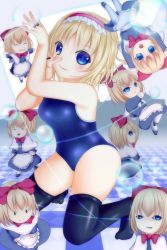 Rule 34 | 1girl, :3, alice margatroid, apron, black pantyhose, blonde hair, blue eyes, bow, breasts, capelet, checkered floor, dress, female focus, floor, hair bow, hairband, highres, long hair, one-piece swimsuit, pantyhose, ribbon, school swimsuit, school uniform, shanghai doll, short hair, shounen (hogehoge), smile, string, swimsuit, thighhighs, touhou, white thighhighs