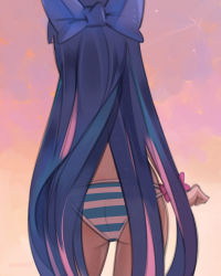 Rule 34 | 1girl, ass, bikini, blue bow, blue hair, bow, clenched hand, cloud, colored inner hair, from behind, hair bow, highres, long hair, multicolored hair, onionsketch, panty &amp; stocking with garterbelt, pink hair, shooting star, sky, solo, star (sky), stocking (psg), striped bikini, striped clothes, swimsuit, very long hair, wrist cuffs