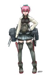 Rule 34 | 10s, 1girl, bike shorts, blue eyes, cannon, cosplay, didloaded, frown, full body, gloves, hand on own hip, headband, headgear, kantai collection, long sleeves, looking at viewer, personification, pink hair, pleated skirt, shiranui (kancolle), short hair, short ponytail, skirt, solo, taihou (kancolle), taihou (kancolle) (cosplay), thighhighs, weapon, white gloves, zettai ryouiki