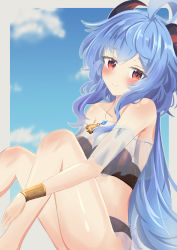 Rule 34 | 1girl, absurdres, ahoge, bell, blue hair, blue sky, blush, braces, breasts, commentary, commission, english commentary, ganyu (genshin impact), genshin impact, highres, horns, knees up, long hair, looking at viewer, medium breasts, mixed-language commentary, neck bell, non4 0527, red eyes, sidelocks, sitting, sky, smile, solo, swimsuit