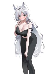 Rule 34 | 1girl, absurdres, alternate costume, animal ear fluff, animal ears, bare arms, black camisole, black pants, blue archive, blush, breasts, camisole, closed mouth, collarbone, commentary request, embarrassed, feet out of frame, grey eyes, grey hair, hair intakes, hand on own knee, highres, korean commentary, large breasts, leaning forward, long hair, magya416, mismatched pupils, mixed-language commentary, no halo, pants, shiroko (blue archive), shiroko terror (blue archive), simple background, sleeveless, solo, strap slip, very long hair, white background, wolf ears, wolf girl