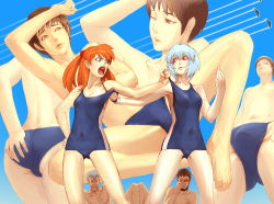 Rule 34 | 2girls, 3boys, age difference, androgynous, armpits, ayanami rei, bad id, bad pixiv id, barefoot, battle, blue hair, bulge, butt crack, clothes pull, father and son, fighting, fighting stance, fuyutsuki kouzou, ikari gendou, ikari shinji, kurohachi, multiple boys, multiple girls, neon genesis evangelion, one-piece swimsuit, one-piece swimsuit pull, pulling another&#039;s clothes, school swimsuit, single vertical stripe, souryuu asuka langley, swimsuit, trunks, what