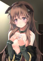 Rule 34 | 1girl, animal ears, blush, breasts, brown hair, cleavage, closed mouth, clothes down, collarbone, frapowa, grey sweater, hair between eyes, indoors, long hair, long sleeves, raccoon ears, raccoon girl, raphtalia, red eyes, ribbed sweater, small breasts, solo, sweater, tate no yuusha no nariagari, upper body, very long hair