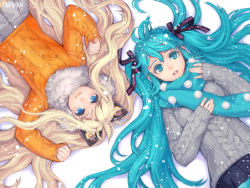 Rule 34 | 2girls, animal ears, aqua eyes, aqua hair, aqua scarf, aran sweater, blonde hair, blue eyes, cable knit, cat ears, colored eyelashes, cowl neck scarf, from above, fur trim, hair ribbon, hatsune miku, holding sleeves, long hair, lying, multiple girls, nayoung wooh, on back, orange shirt, orange sweater, pleated skirt, ribbon, rotational symmetry, scarf, seeu, shirt, skirt, sleeves past wrists, snow, snowing, sweater, twintails, very long hair, vocaloid, winter clothes