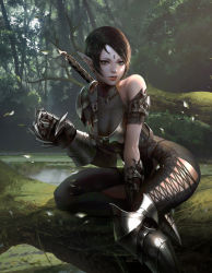 Rule 34 | 1girl, absurdres, arm support, armor, bare shoulders, between legs, black hair, black legwear, breasts, claw (weapon), cleavage, cross-laced clothes, cross-laced legwear, facial mark, forehead mark, forest, gauntlets, greaves, hand between legs, highres, holster, jewelry, lake, leaning to the side, leg between thighs, log, looking at viewer, nature, necklace, original, outdoors, parted bangs, pendant, pointy ears, realistic, short hair, shoulder armor, sidelocks, sitting, solo, swept bangs, sword, weapon, young il choi