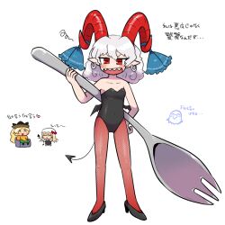 Rule 34 | 3girls, alternate costume, black footwear, black leotard, black wings, blonde hair, blush, breasts, chibi, chibi inset, commentary request, covered navel, curled horns, demon tail, eagle spirit (touhou), earrings, fishnet pantyhose, fishnets, flandre scarlet, full body, grey hair, high heels, holding, holding spork, hoop earrings, horizontal pupils, horn ornament, horn ribbon, horns, jewelry, kasugai (de-tteiu), laevatein (touhou), large horns, leotard, looking at viewer, low wings, matara okina, medium bangs, medium hair, multiple girls, open mouth, oversized object, pantyhose, petite, rectangular pupils, red eyes, red horns, red pantyhose, ribbon, sharp teeth, sheep horns, simple background, small breasts, smile, solo focus, spork, standing, strapless, strapless leotard, tail, teeth, touhou, toutetsu yuuma, translation request, upper teeth only, v-shaped eyebrows, white background, wings