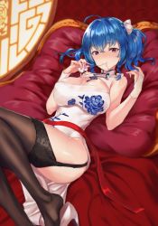 Rule 34 | absurdres, azur lane, blue hair, blush, breasts, china dress, chinese clothes, cleavage, cleavage cutout, clothing cutout, dress, garter straps, hair ribbon, high heels, highres, knees up, legs, long legs, looking at viewer, lying, mouth hold, revealing clothes, ribbon, sexually suggestive, short hair, side slit, st. louis (azur lane), st. louis (blue and white pottery) (azur lane), thick thighs, thighhighs, thighs, twintails