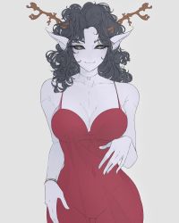 Rule 34 | 1girl, :3, antlers, black hair, black sclera, breasts, cleavage, colored sclera, colored skin, covered navel, dress, elliemaplefox, gluteal fold, grey skin, hand on own stomach, highres, horns, large breasts, looking at viewer, messy hair, navel, necktie, original, pointy ears, red dress, see-through, see-through dress, smile, solo, yellow eyes
