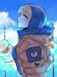 Rule 34 | 1girl, animification, apex legends, blonde hair, blue bodysuit, blue eyes, bodysuit, breasts, bright pupils, cloud, electricity, facial scar, from side, highres, hood, hood down, hood up, hooded bodysuit, jacket, lightning bolt symbol, looking at viewer, medium breasts, orange jacket, profile, repu (rep sha), scar, scar on cheek, scar on face, sky, smile, solo, upper body, wattson (apex legends), white pupils