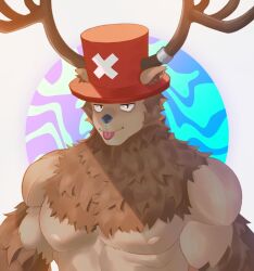 Rule 34 | 1boy, :p, antlers, bara, brown fur, deer antlers, fluffy, furry, furry male, hat, highres, horns, jitome, large pectorals, looking at viewer, male focus, muscular, muscular male, neck fur, nipples, nude, one piece, para (parasouleater), pectorals, reindeer boy, smug, solo, tongue, tongue out, tony tony chopper, upper body