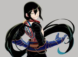 Rule 34 | 1boy, asaya minoru, black hair, black pants, commentary request, fate/grand order, fate (series), gauntlets, green eyes, grey background, hair between eyes, hand on own hip, long hair, looking at viewer, looking back, low ponytail, male focus, pants, parted lips, ponytail, sidelocks, simple background, smile, solo, topless male, very long hair, yan qing (fate)