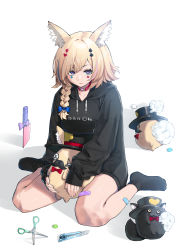 Rule 34 | 1girl, absurdres, alternate costume, animal ear fluff, bandaid, bandaid on leg, black hoodie, black socks, blonde hair, blue bow, blue hair, bow, braid, breasts, choker, cleaver, closed mouth, commentary request, fox, hair bow, hair ornament, heart, heart hair ornament, highres, holding, holding stuffed toy, hololive, hood, hood down, hoodie, large breasts, long hair, long sleeves, looking at viewer, mikan (chipstar182), multicolored hair, no shoes, omaru polka, pink hair, planted, purple eyes, red choker, scissors, sitting, socks, solo, streaked hair, stuffed animal, stuffed toy, stuffing, switchblade, virtual youtuber, wariza, zain (omaru polka)