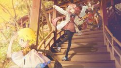 Rule 34 | 1girl, 2boys, animal slippers, armor, astolfo (fate), astolfo (saber) (fate), astolfo (tour outfit) (fate), asymmetrical clothes, asymmetrical sleeves, baggy clothes, black bow, black legwear, black ribbon, blonde hair, blue eyes, bow, braid, breast curtains, bright pupils, fang, fate/apocrypha, fate/grand order, fate/requiem, fate (series), feather hair ornament, feathers, hair intakes, hair ornament, highres, hippogriff, japanese armor, leotard, leotard under clothes, long hair, low twintails, male focus, mismatched sleeves, multicolored hair, multiple boys, official alternate costume, parted bangs, pink hair, purple eyes, purple sleeves, revealing clothes, ribbon, scarf, shoulder armor, single pantsleg, skin fang, slippers, sode, streaked hair, trap, twintails, ushiwakamaru (fate), ushiwakamaru (tour outfit) (fate), voyager (fate), voyager (first ascension) (fate), white hair, white sleeves, yellow scarf