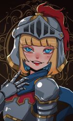 Rule 34 | 1girl, absurdres, armor, basedbinkie, black background, blonde hair, blue eyes, breastplate, colored eyelashes, commentary, english commentary, flayne (basedbinkie), gauntlets, hand on own chest, helmet, highres, light blush, looking at viewer, original, pauldrons, short hair, shoulder armor, smile, solo