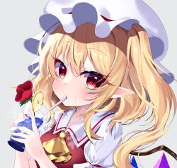 Rule 34 | 1girl, absurdres, ascot, blonde hair, blush, collared shirt, crystal, cup, drink, drinking, drinking glass, drinking straw, drinking straw in mouth, flandre scarlet, flower, hair between eyes, hat, highres, long hair, looking at viewer, mob cap, one side up, pointy ears, red eyes, red flower, red vest, s vileblood, shirt, short sleeves, slit pupils, solo, touhou, upper body, vest, white hat, white shirt, wings, yellow ascot