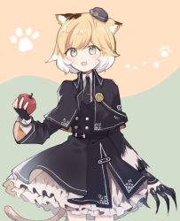 Rule 34 | 1girl, animal ears, arknights, belt, black belt, black neckwear, blonde hair, blush, cat ears, cat tail, commentary request, food, fruit, fuco, gloves, green eyes, hat, holding, holding food, holding fruit, long sleeves, looking at viewer, medium hair, mousse (arknights), multicolored hair, open mouth, paw print, skirt, smile, solo, tail, upper body, white hair