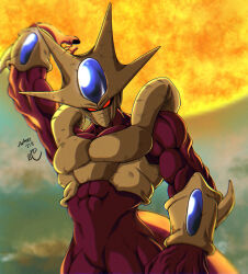 Rule 34 | 1boy, abs, arm up, armor, artist name, bare shoulders, biceps, blue gemstone, bracer, breastplate, colored skin, commentary request, cooler (dragon ball), dragon ball, dragonball z, energy, energy ball, eyes in shadow, fifth form (dragon ball), gem, glowing, glowing eyes, helmet, highres, looking at viewer, male focus, mask, muscular, muscular male, pectorals, purple skin, red eyes, seya (asasei 718), signature, solo, tail, v-shaped eyebrows