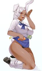 Rule 34 | 1girl, absurdres, animal ears, black footwear, black panties, blue bow, blue skirt, boku no hero academia, bow, breasts, button gap, carrot, collared shirt, dark-skinned female, dark skin, food in mouth, full body, hand up, highres, holding, holding carrot, kneeling, large breasts, legs, leomk, long eyelashes, long hair, looking at viewer, loose socks, mirko, panties, parted bangs, plaid, plaid bow, rabbit ears, rabbit girl, rabbit pose, rabbit tail, raised eyebrow, red eyes, school uniform, shirt, shirt tucked in, skirt, socks, solo, tail, tail under clothes, teeth, thick thighs, thighs, twitter username, underwear, uneven eyes, upper teeth only, white background, white hair, white shirt, white socks