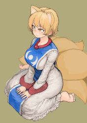 Rule 34 | 1girl, absurdres, animal ears, barefoot, blonde hair, blush, breasts, chanta (ayatakaoisii), dress, expressionless, extra ears, fox ears, fox tail, from above, hands on lap, highres, large breasts, long sleeves, looking ahead, multiple tails, no headwear, nose blush, short hair, simple background, sitting, slit pupils, solo, tabard, tail, toes, touhou, wariza, white dress, yakumo ran