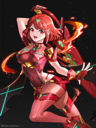 Rule 34 | 1girl, aegis sword (xenoblade), blush, bob cut, breasts, earrings, fingerless gloves, gloves, headpiece, highres, jewelry, large breasts, looking at viewer, nintendo, pantyhose, pantyhose under shorts, pyra (xenoblade), red eyes, red hair, short hair, short shorts, shorts, silvercandy gum, simple background, smile, solo, super smash bros., swept bangs, thighhighs, tiara, xenoblade chronicles (series), xenoblade chronicles 2