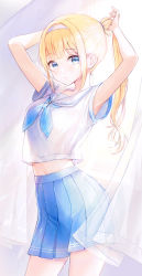 Rule 34 | 1girl, absurdres, armpit peek, armpits, arms behind head, bare arms, blonde hair, blue eyes, blue skirt, breasts, closed mouth, commentary, contrapposto, cowboy shot, crop top, crop top overhang, english commentary, expressionless, hairband, high-waist skirt, highres, long hair, looking at viewer, midriff, miniskirt, navel, neckerchief, original, pleated skirt, ponytail, revision, sailor collar, school uniform, serafuku, shirt, short sleeves, sidelocks, skirt, small breasts, solo, standing, sweat, white shirt, yuna (deadawon)