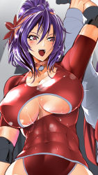 Rule 34 | 1girl, abs, alternate costume, arm over head, blush, bowalia, breasts, cleavage cutout, clothing cutout, elbow pads, hair ornament, huge breasts, jewelry, leaf, leaf hair ornament, muscular, muscular female, navel, necklace, open mouth, purple eyes, purple hair, sweat, touhou, underboob, underboob cutout, wrestling outfit, yasaka kanako