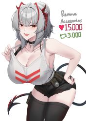 Rule 34 | 1girl, absurdres, antennae, arknights, black bra, black shorts, black thighhighs, bra, bra strap, bra visible through clothes, breasts, choker, cleavage, cowboy shot, fangs, grey hair, hair between eyes, hand on own hip, highres, horns, kanta (kanta 077), large breasts, leaning forward, looking at viewer, meme, open mouth, orange eyes, ponytail, pouch, short shorts, shorts, simple background, smile, solo, strap pull, tail, tank top, thighhighs, twitter strip game (meme), underwear, w (arknights), white background