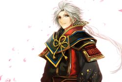 Rule 34 | 1boy, armor, closed mouth, crying, crying with eyes open, grey eyes, grey hair, japanese armor, japanese clothes, light background, long hair, long sleeves, looking at viewer, low ponytail, male focus, md5 mismatch, nana (nanalog76), parted bangs, petals, pixiv id 451009, ponytail, sad, sanada nobuyuki, sengoku musou, simple background, smile, solo, tears, white background, wind