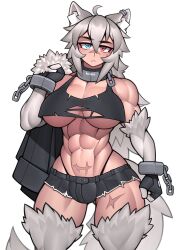 Rule 34 | 1girl, abs, absurdres, ahoge, animal ears, black gloves, black shorts, blue eyes, borrowed character, breasts, closed mouth, commission, cuffs, fingerless gloves, gloves, grey hair, heterochromia, highres, large breasts, long hair, looking at viewer, micro shorts, muscular, muscular female, navel, original, red eyes, roadi3, shackles, shorts, simple background, solo, tail, white background, wolf ears, wolf girl, wolf tail