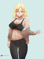Rule 34 | 1girl, abs, alternate costume, arm at side, artist name, black bra, blonde hair, blue background, blue eyes, bra, breasts, gelldraws, highres, hololive, hololive english, looking at viewer, medium breasts, navel, off shoulder, sketch, smile, solo, twitter username, underwear, virtual youtuber, watson amelia