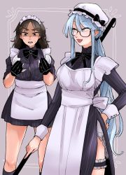 Rule 34 | 10s, 2girls, apron, bad id, bad twitter id, bespectacled, black-framed eyewear, black dress, black eyes, black gloves, black hair, black legwear, black neckwear, blue eyes, bow, bowtie, bridal garter, broom, commentary, dress, fang, flint (girls und panzer), frown, girls und panzer, glasses, gloves, hair tie, hand on own hip, hao (udon), hat, holding, holding broom, long dress, long hair, long sleeves, looking at another, maid apron, maid headdress, mob cap, multiple girls, murakami (girls und panzer), neck ribbon, open mouth, ponytail, ribbon, short dress, side slit, silver hair, sleeves rolled up, smile, socks, standing, striped clothes, striped dress, sweatdrop, vertical-striped clothes, vertical-striped dress, white apron