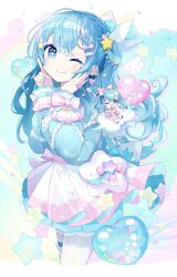 Rule 34 | 2girls, absurdres, bag, balloon, blue eyes, blue hair, blush, bow, braid, cowboy shot, crown, ear piercing, frills, gloves, hair between eyes, hair bow, hair ornament, hand on own face, handbag, heart, heart balloon, highres, hololive, hoshimachi suisei, hoshimachi suisei (artist), long hair, looking at viewer, multicolored hair, multiple girls, one eye closed, piercing, puffy sleeves, ribbon, sidelocks, skirt, sparkle, sprinkles, star (symbol), sticker on face, thighhighs, virtual youtuber, white background, wings