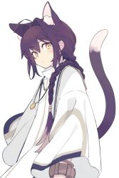 Rule 34 | 1other, 87banana, ahoge, androgynous, animal ears, black hair, blush, bracelet, braid, braided ponytail, cat ears, cat tail, commentary, fate/grand order, fate/samurai remnant, fate (series), hair intakes, hair over shoulder, japanese clothes, jewelry, kemonomimi mode, kimono, long hair, looking at viewer, necklace, orange eyes, sidelocks, simple background, single braid, symbol-only commentary, tail, upper body, white background, yamato takeru (fate)