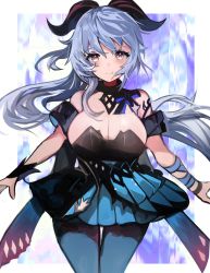 Rule 34 | 1girl, absurdres, bare shoulders, black dress, blue hair, blue pantyhose, breasts, brown eyes, closed mouth, commentary request, cosplay, dress, floating hair, ganyu (genshin impact), genshin impact, hair between eyes, highres, horns, keqing (genshin impact), keqing (genshin impact) (cosplay), keqing (opulent splendor) (genshin impact), large breasts, long hair, pantyhose, smile, solo, strapless, strapless dress, tarbo (exxxpiation), very long hair