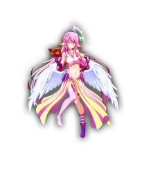 Rule 34 | 1girl, angel wings, asymmetrical legwear, book, breasts, closed mouth, spiked halo, crop top, cross, elbow gloves, feathered wings, full body, gloves, gradient hair, halo, holding, holding book, jibril (no game no life), kanpani girls, large breasts, long hair, low wings, magic circle, midriff, mismatched legwear, multicolored eyes, multicolored hair, navel, no game no life, official art, pink hair, purple eyes, shoes, sideboob, single shoe, smile, solo, symbol-shaped pupils, tattoo, transparent background, very long hair, white wings, wing ears, wings, yellow eyes