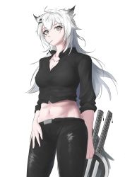 Rule 34 | 1girl, absurdres, ahoge, alternate costume, animal ears, arknights, black pants, black shirt, breasts, cleavage, collarbone, commentary, cowboy shot, crop top, hair ornament, hairclip, highres, lappland (arknights), leggings, long sleeves, looking at viewer, medium breasts, midriff, navel, pants, shirt, simple background, solo, standing, stomach, sword, thighs, tofu (killer150), weapon, white background, wolf ears