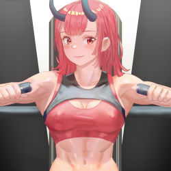 Rule 34 | 1girl, abs, absurdres, blush, breasts, cleavage, covered erect nipples, exercising, exercise machine, fang, highres, horns, medium hair, muscular, muscular female, navel, original, red eyes, red hair, smile, solo, toned, upper body, yokosa0917