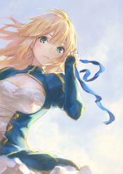 Rule 34 | 1girl, adjusting hair, ahoge, artoria pendragon (all), artoria pendragon (fate), blonde hair, blue dress, blue ribbon, blue sky, breasts, cleavage, cleavage cutout, closed mouth, clothing cutout, day, dress, fate/stay night, fate (series), from below, green eyes, hand in own hair, hand on own head, hand up, highres, hisakata souji, holding, holding hands, holding ribbon, juliet sleeves, light smile, lips, long hair, long sleeves, looking at viewer, looking down, outdoors, puffy sleeves, ribbon, saber (fate), sky, small breasts, solo, sunlight, tareme, upper body, wind