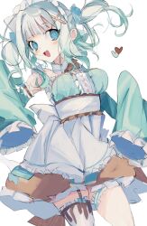 Rule 34 | 1girl, absurdres, blue eyes, blush, bow, breasts, dizzy (nadecola9), dress, frilled dress, frills, ghost, gradient hair, green dress, green hair, hair bow, highres, indie virtual youtuber, long hair, maid, maid headdress, medium breasts, mint fantome, multicolored hair, open mouth, simple background, single thighhigh, sleeves past fingers, sleeves past wrists, smile, solo, standing, thigh strap, thighhighs, two side up, virtual youtuber, white background, white hair
